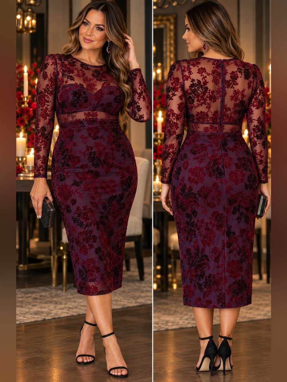 Privy Burgundy Velvet Flocked Floral Mesh Bodycon Midi Dress M/L